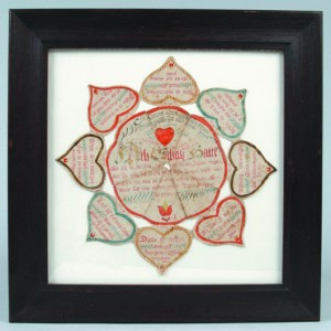 This early 19th century southeastern Pennsylvania religious text – perhaps a Mennonite hymn – is lettered and colored on a circular cutwork pattern of eight hearts embellished with tulips. The lot brought a hammer price of $2,100 at Conestoga Auctions in 2010.